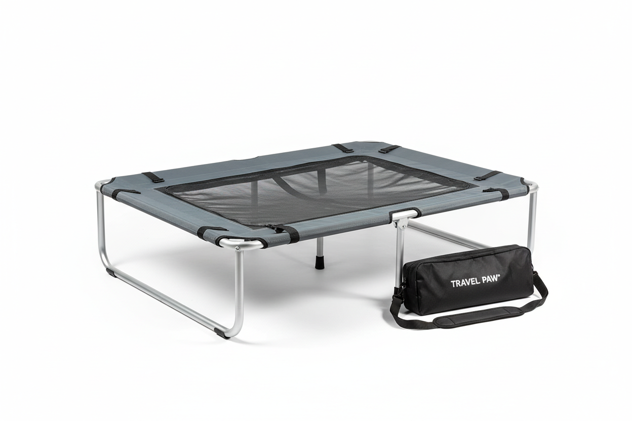 Professional product photo of a portable pet hammock bed on white background, studio lighting