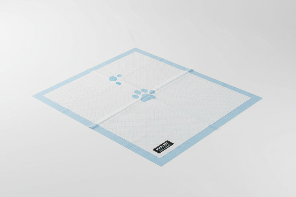 Professional product photo of a puppy potty training pad on white background, studio lighting