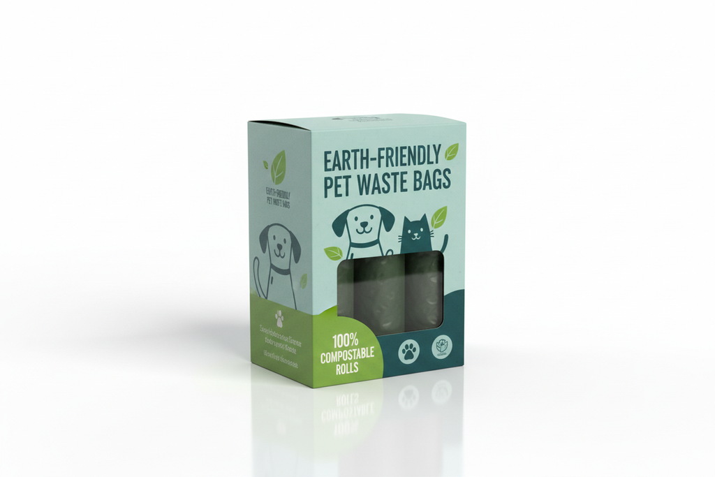 Professional product photo of pet waste disposal bags pack on clean white background, studio lighting, high quality product photography