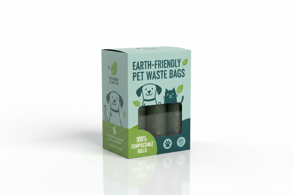 Professional product photo of pet waste disposal bags pack on clean white background, studio lighting, high quality product photography